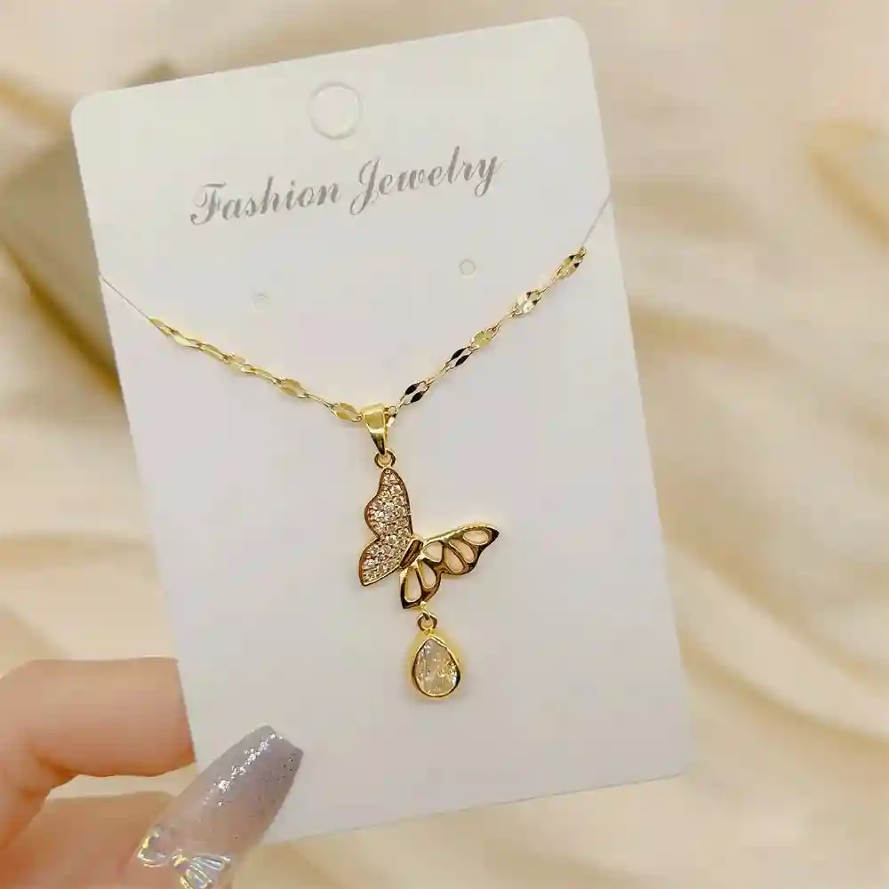 Copper Microinlaid Zircon Water Drops Butterfly Stainless Steel Chain Necklace Fashion Personality 