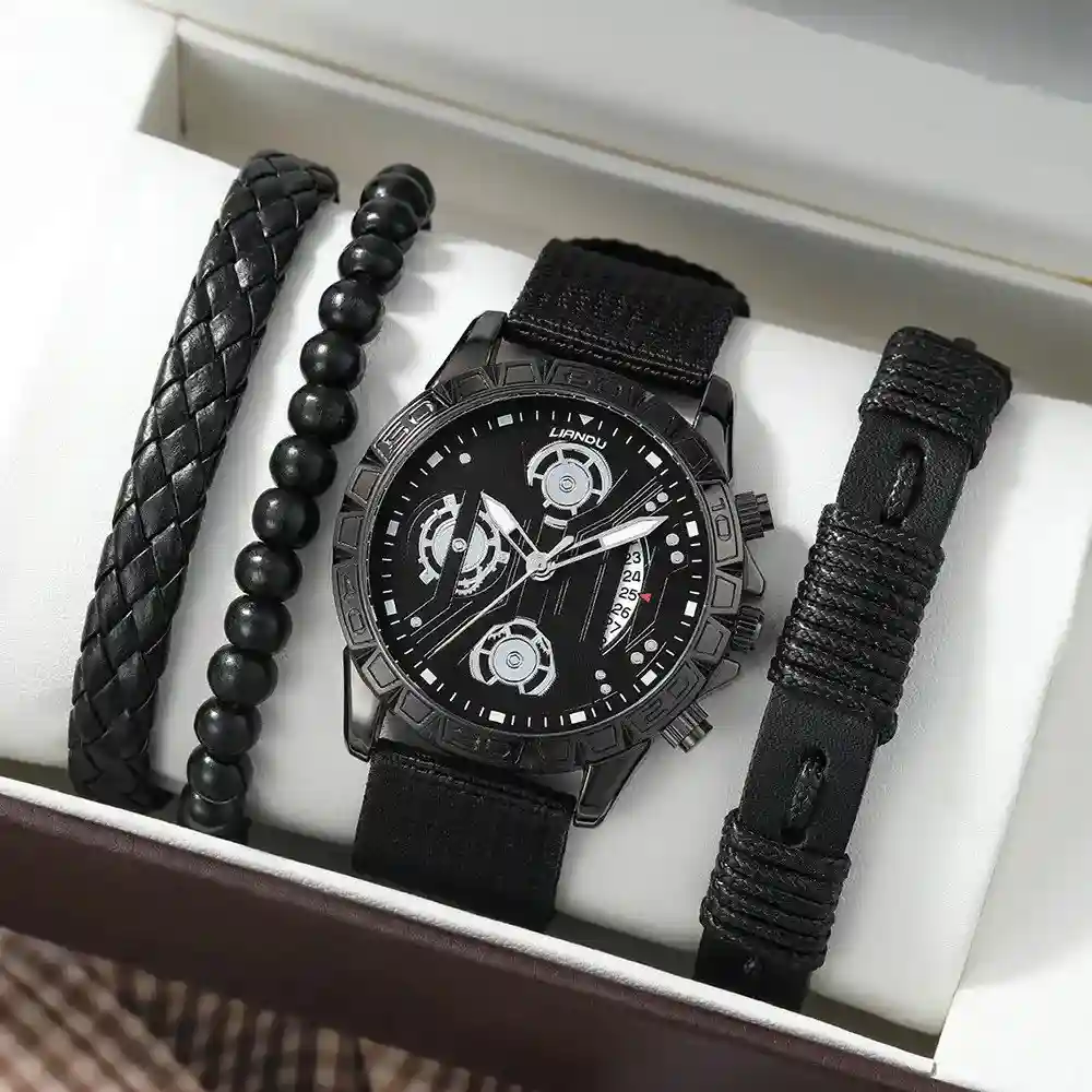 New 5 pcs Set Men Watches Luxury Fashion Design Alloy Mesh Watch Quartz Men's Watch Gift